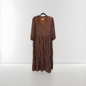 J. Jill XL Maxi Tiered Dress Ruffled Neckline In Dark Brown Graphic Paisley